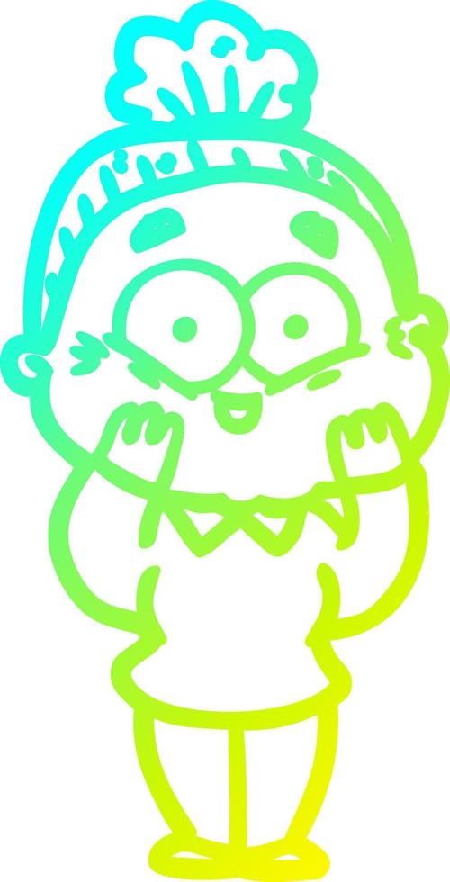 cold gradient line drawing cartoon happy old woman vector