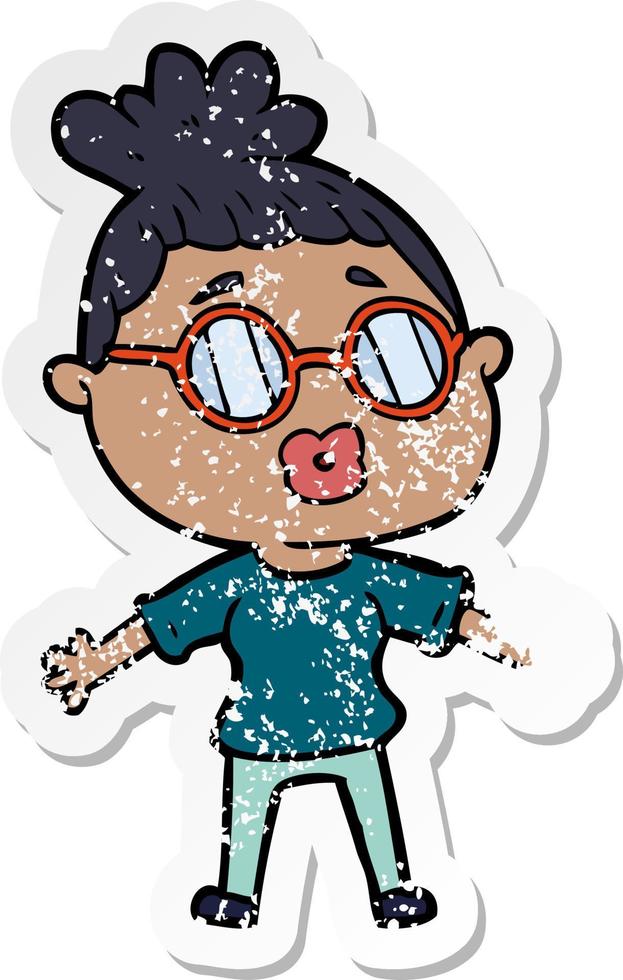 distressed sticker of a cartoon woman wearing spectacles vector