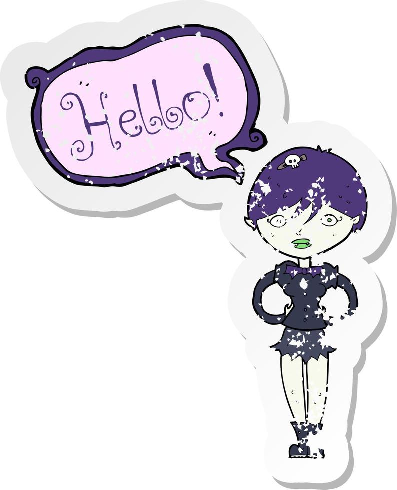 retro distressed sticker of a cartoon vampire saying hello vector