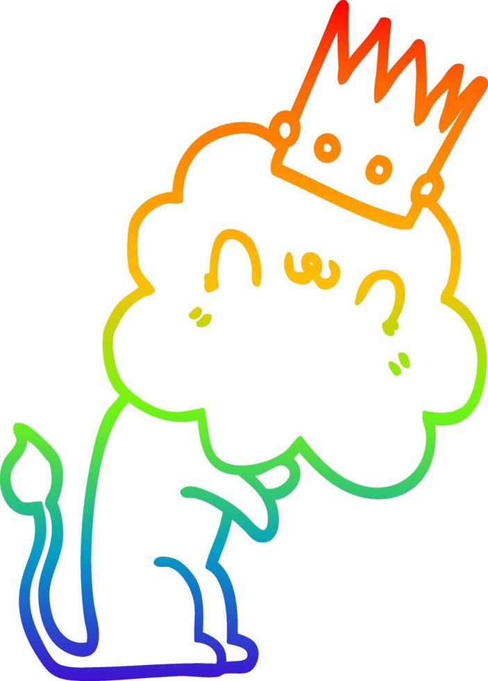 rainbow gradient line drawing cartoon lion with crown vector