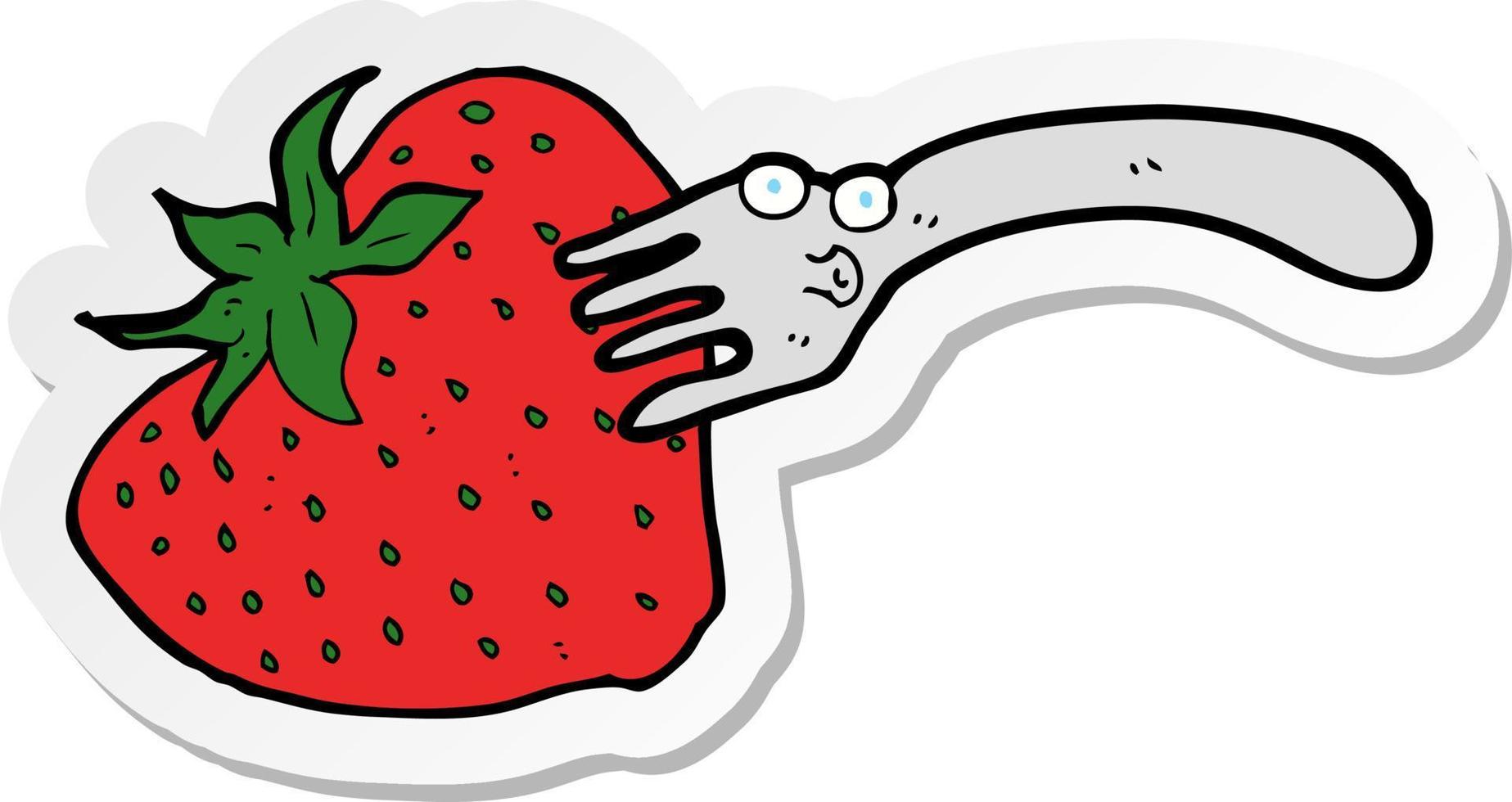 sticker of a cartoon fork in giant strawberry vector