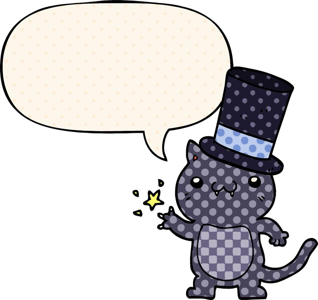 gato de dibujos animados con sombrero de copa y burbuja de habla al estilo de las historietas vector