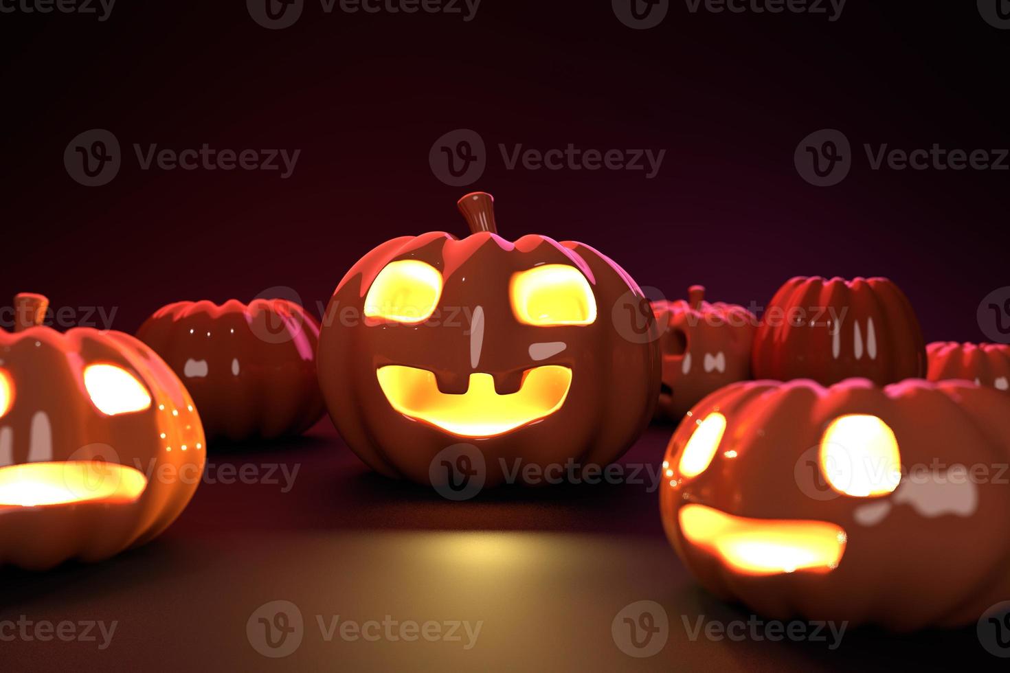 Ilustración 3d: cerámica aterradora y cortada como calabazas con ojos brillantes. fondo de halloween con la fila de calabaza. imagen de representación 3D. foto