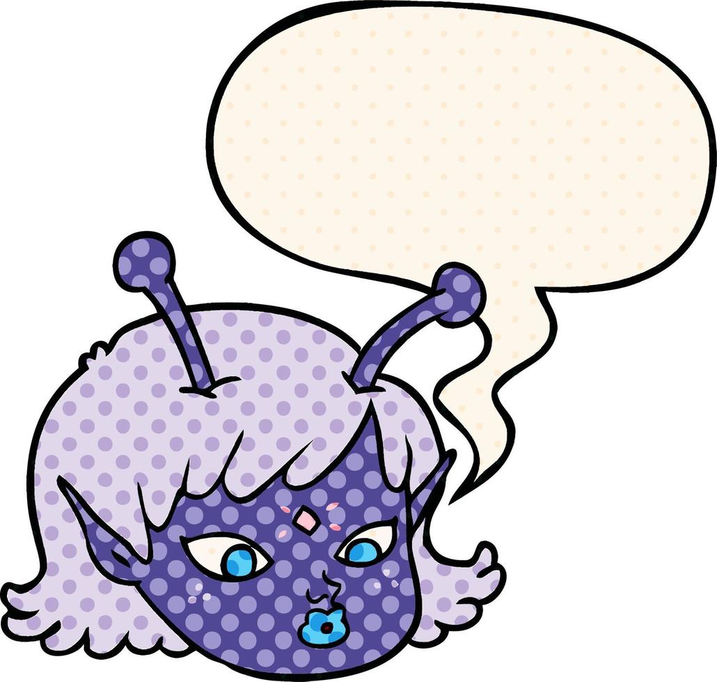 cartoon alien space girl face and speech bubble in comic book style vector