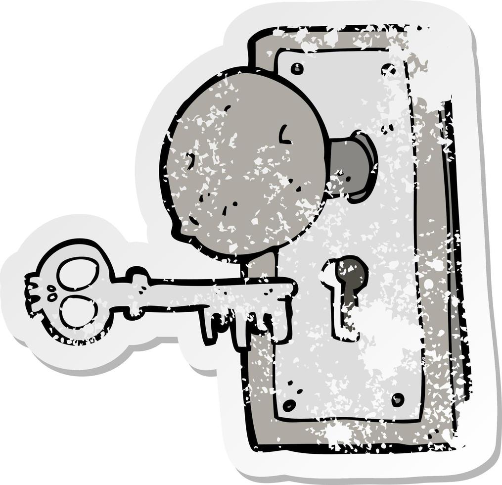 retro distressed sticker of a cartoon spooky old door knob vector