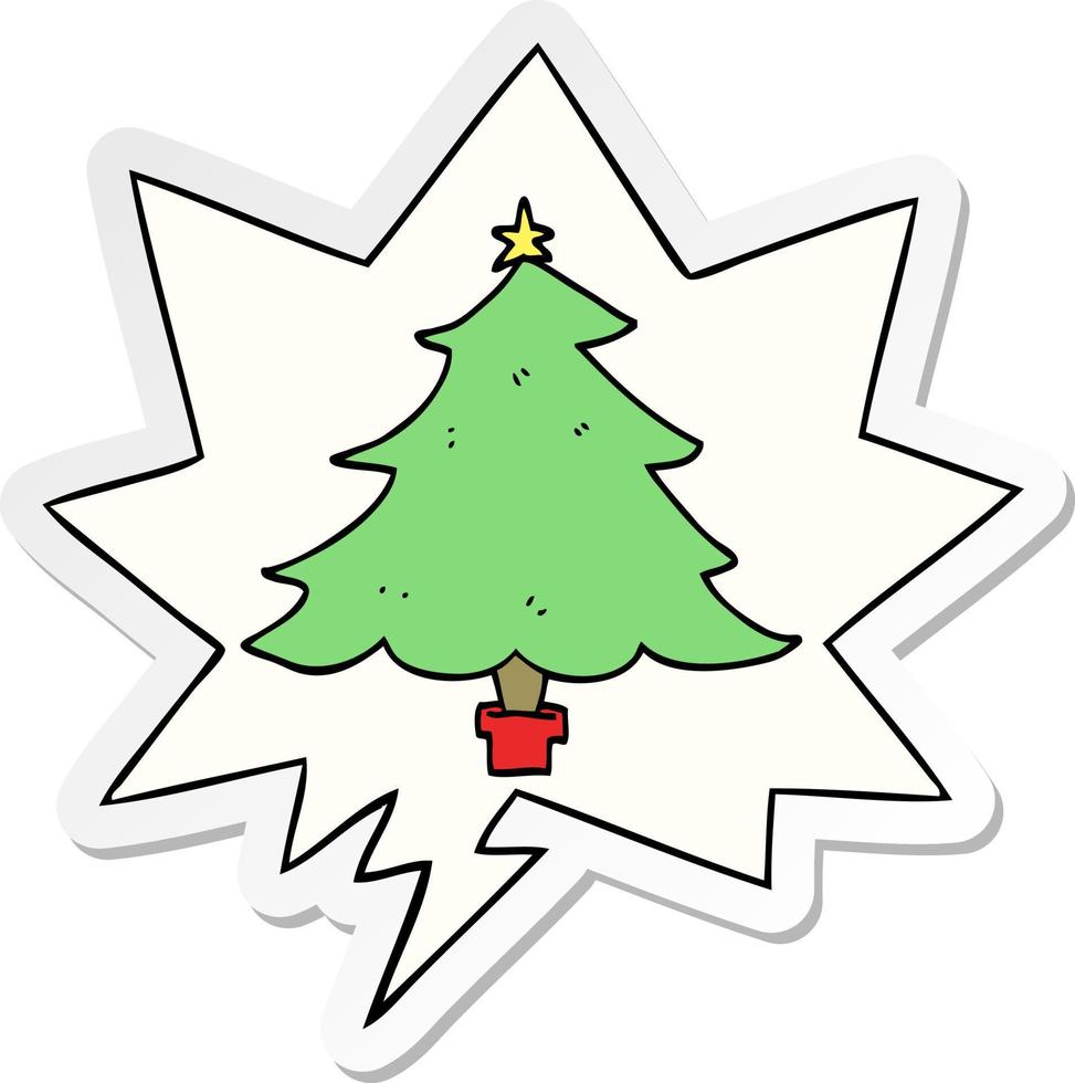 cartoon christmas tree and speech bubble sticker vector