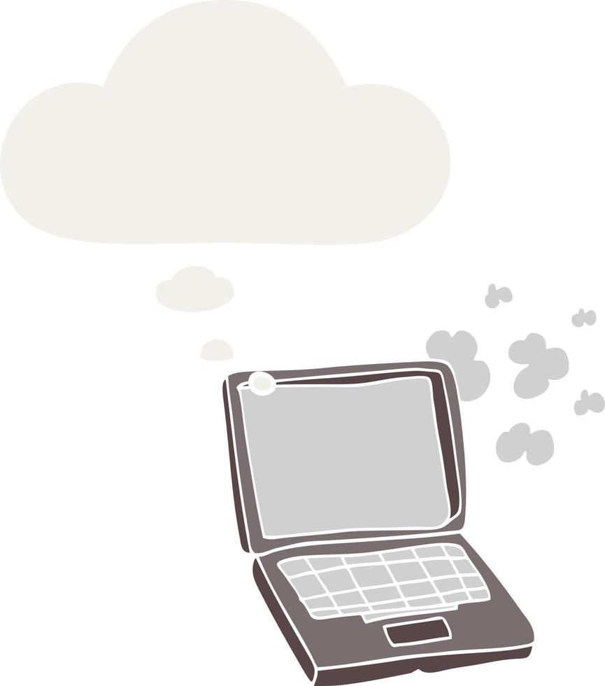 cartoon laptop computer and thought bubble in retro style vector
