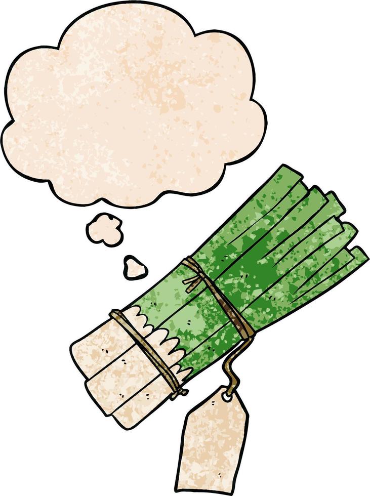 cartoon organic leeks and thought bubble in grunge texture pattern style vector