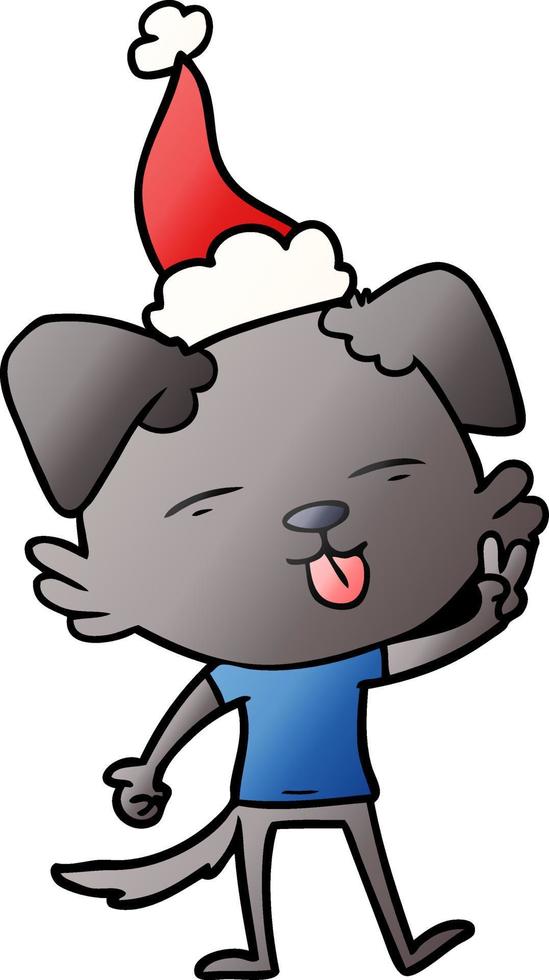 gradient cartoon of a dog sticking out tongue wearing santa hat vector