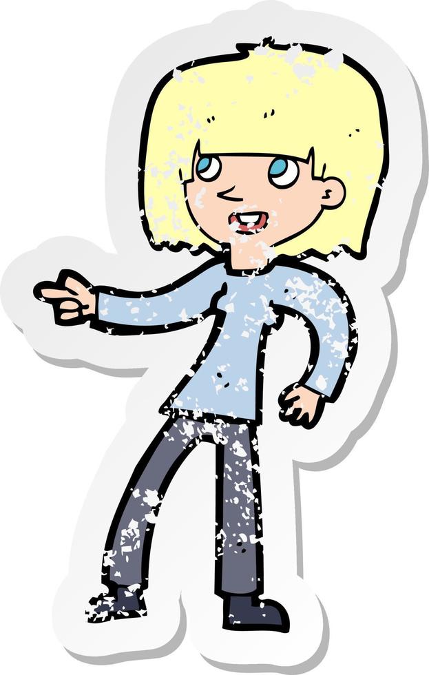 retro distressed sticker of a cartoon girl pointing vector