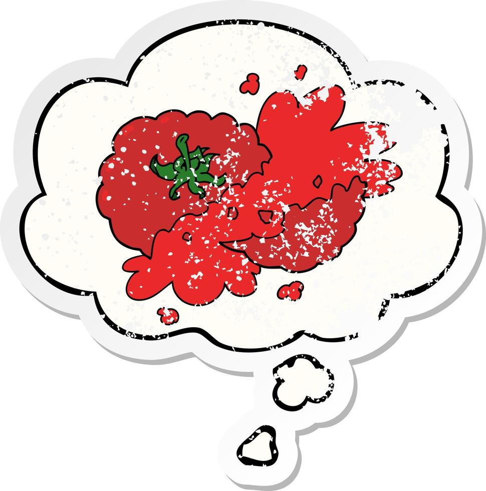 cartoon squashed tomato and thought bubble as a distressed worn sticker vector