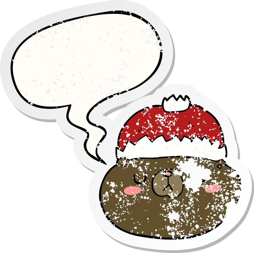 cartoon christmas bear and speech bubble distressed sticker vector