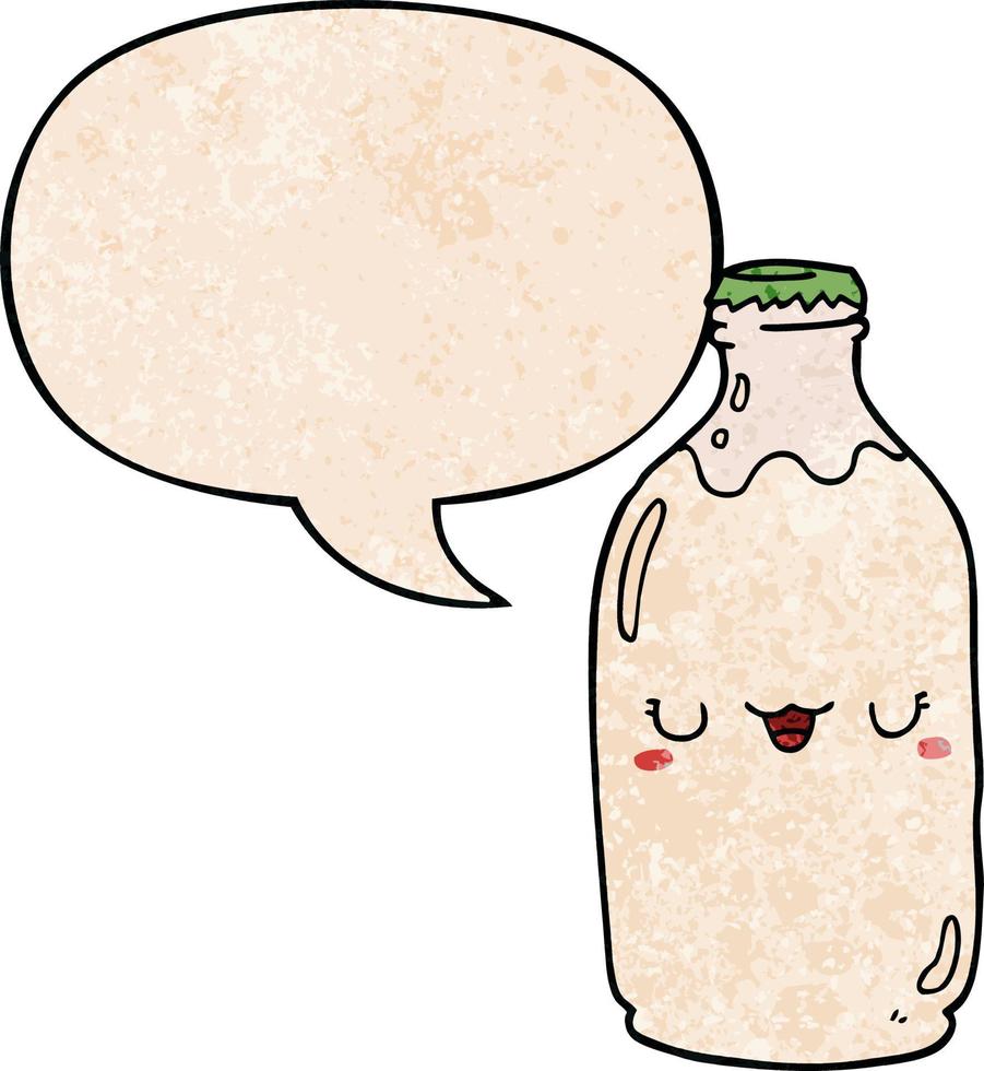 cute cartoon milk bottle and speech bubble in retro texture style vector