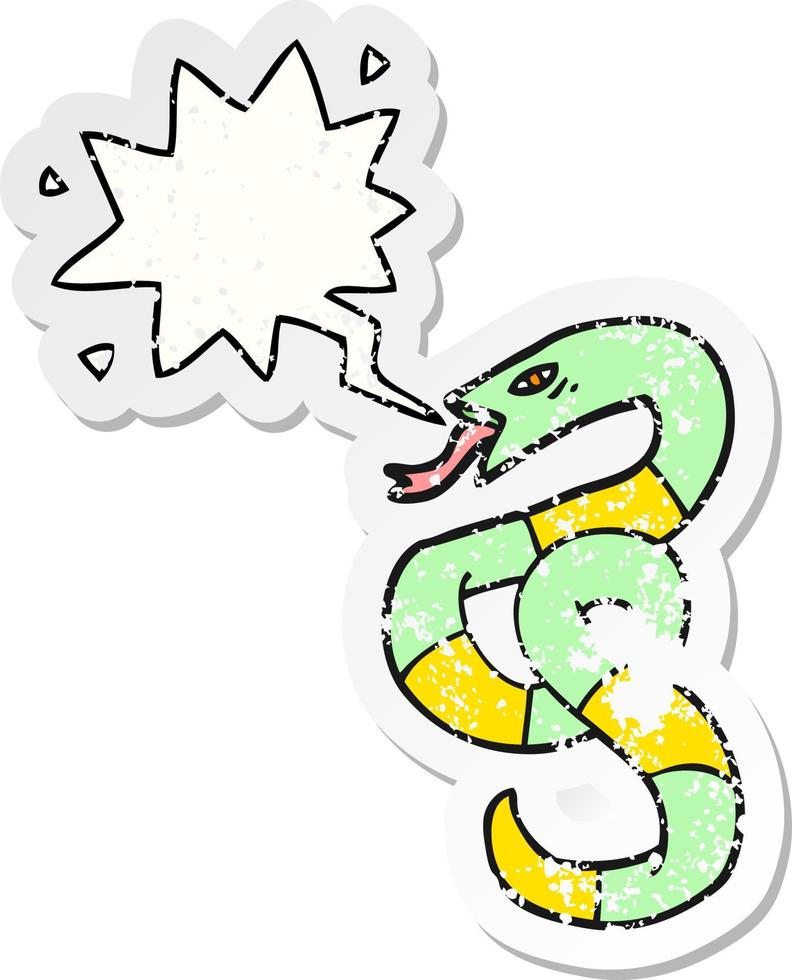 hissing cartoon snake and speech bubble distressed sticker vector