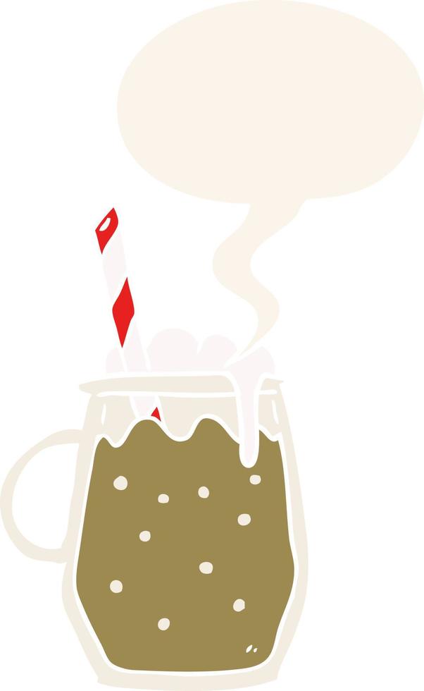 cartoon glass of root beer and straw and speech bubble in retro style vector