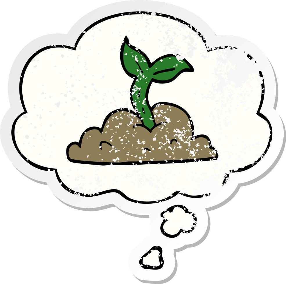 cartoon growing seedling and thought bubble as a distressed worn sticker vector