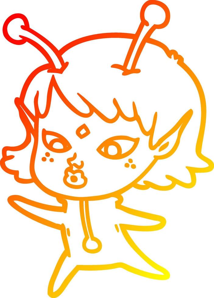 warm gradient line drawing pretty cartoon alien girl vector