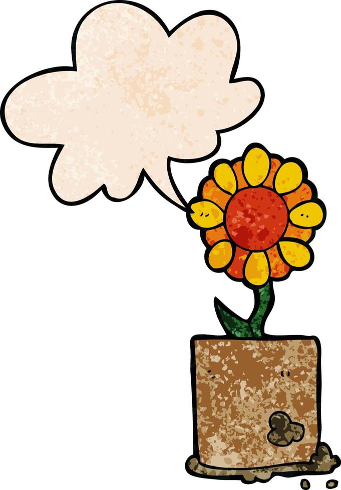 cartoon flower and speech bubble in retro texture style vector