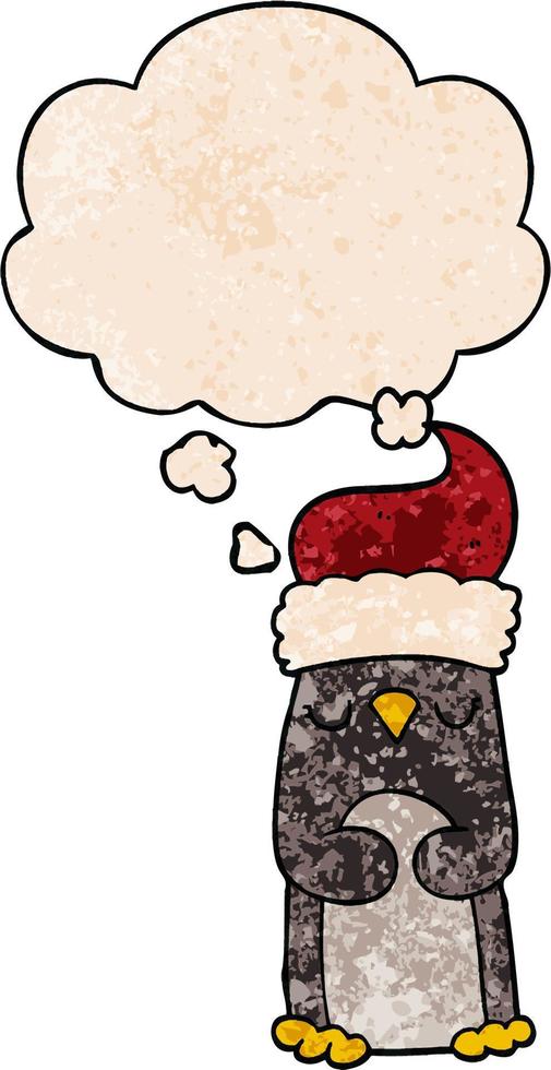 cartoon christmas penguin and thought bubble in grunge texture pattern style vector