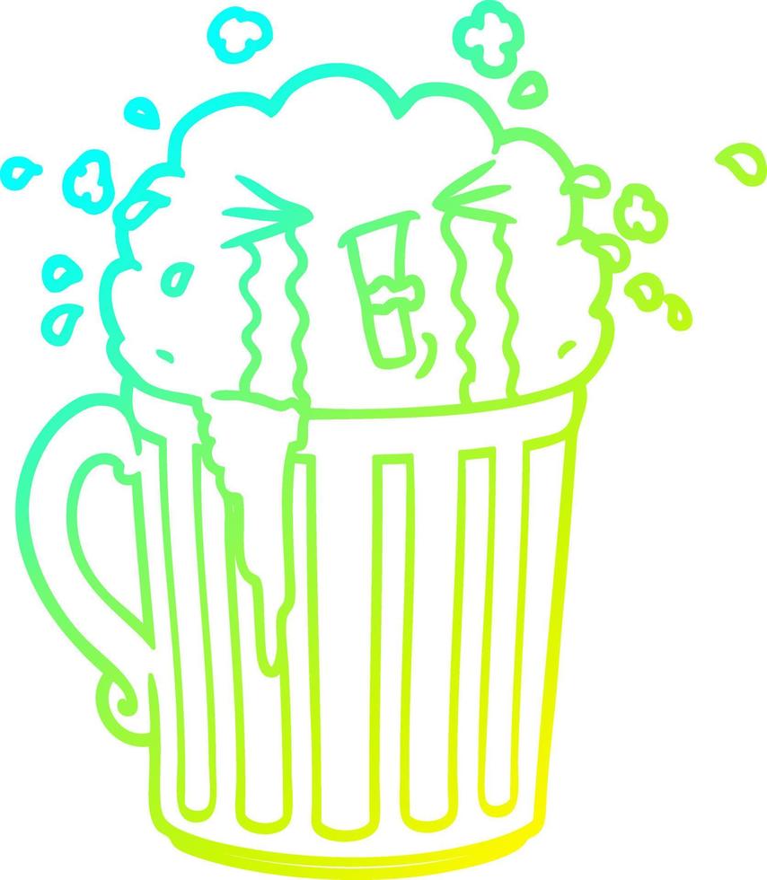 dibujo de línea de gradiente frío taza de dibujos animados de cerveza llorando vector