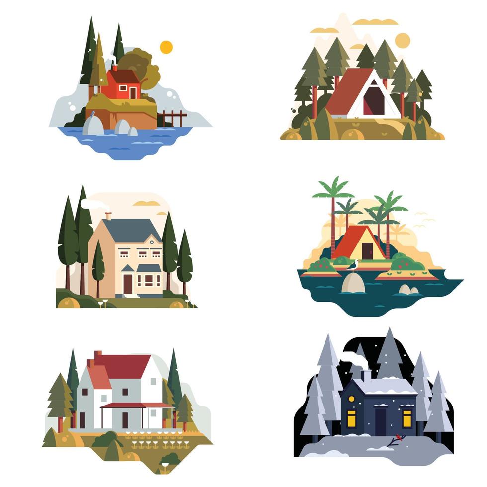 Set of cottage building in flat style vector