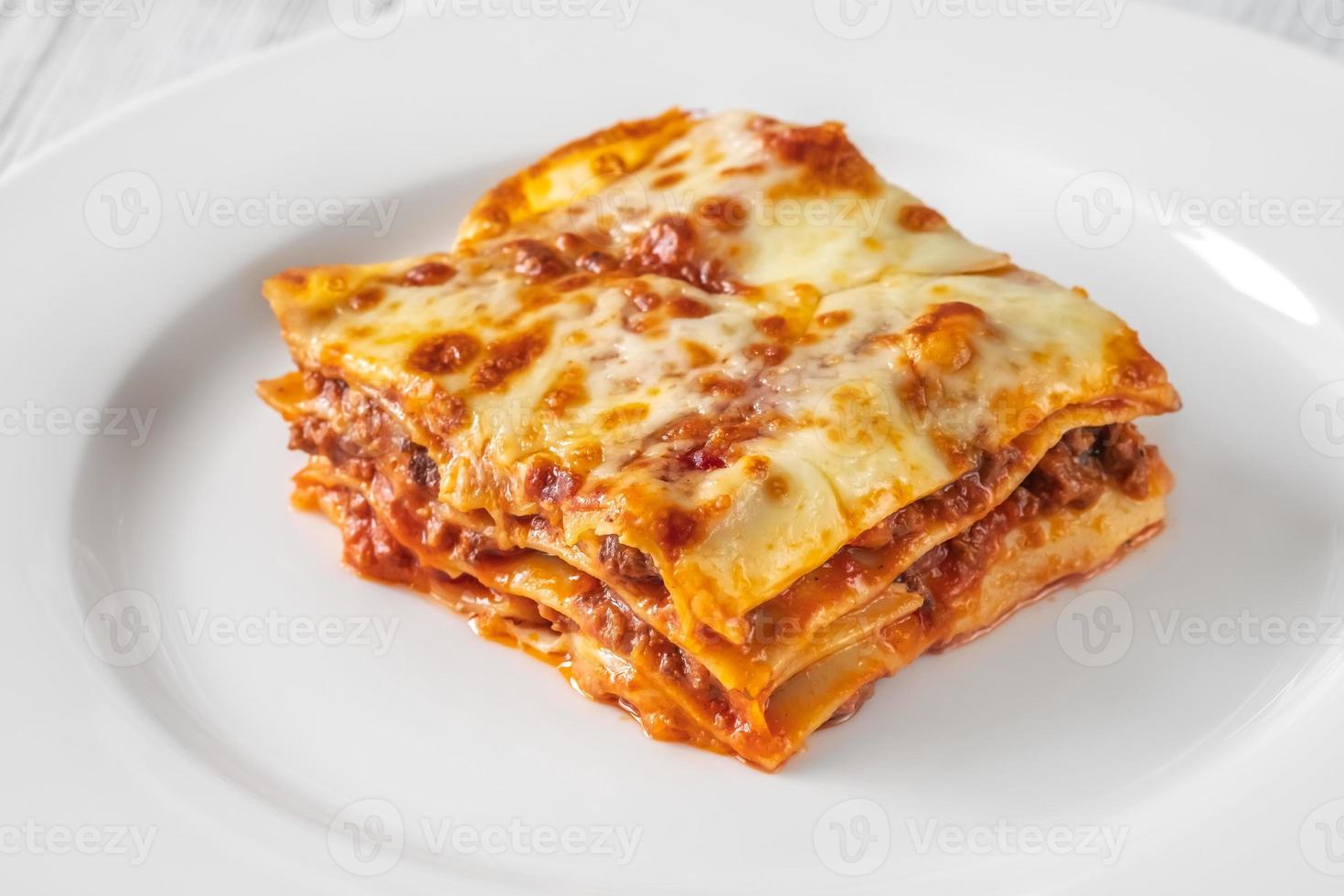 Portion of lasagne on white plate photo