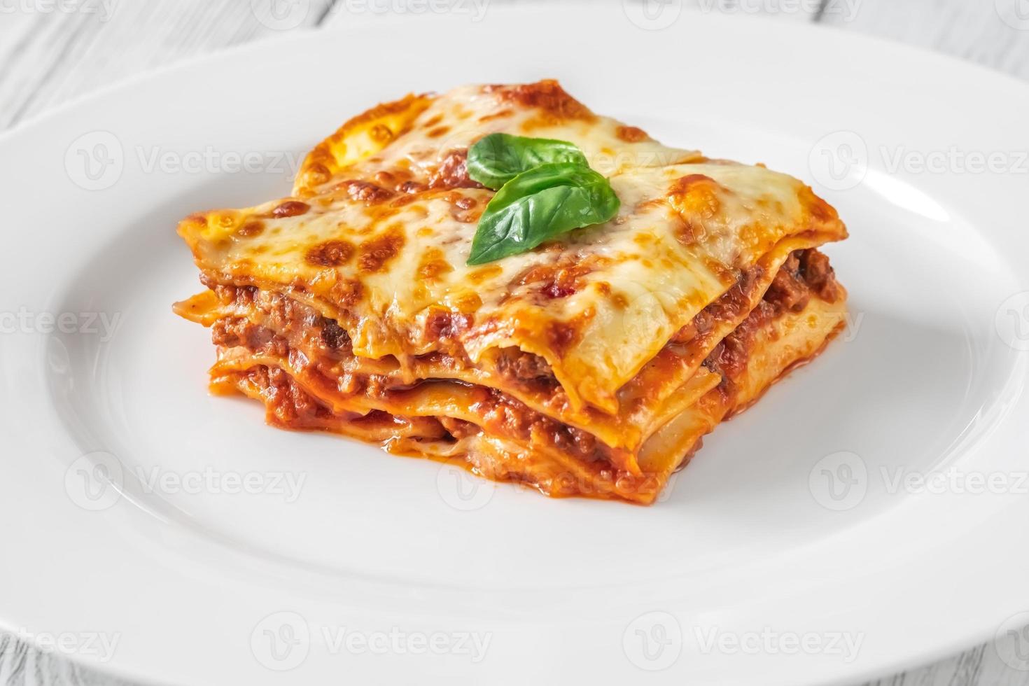 Portion of lasagne on white plate photo