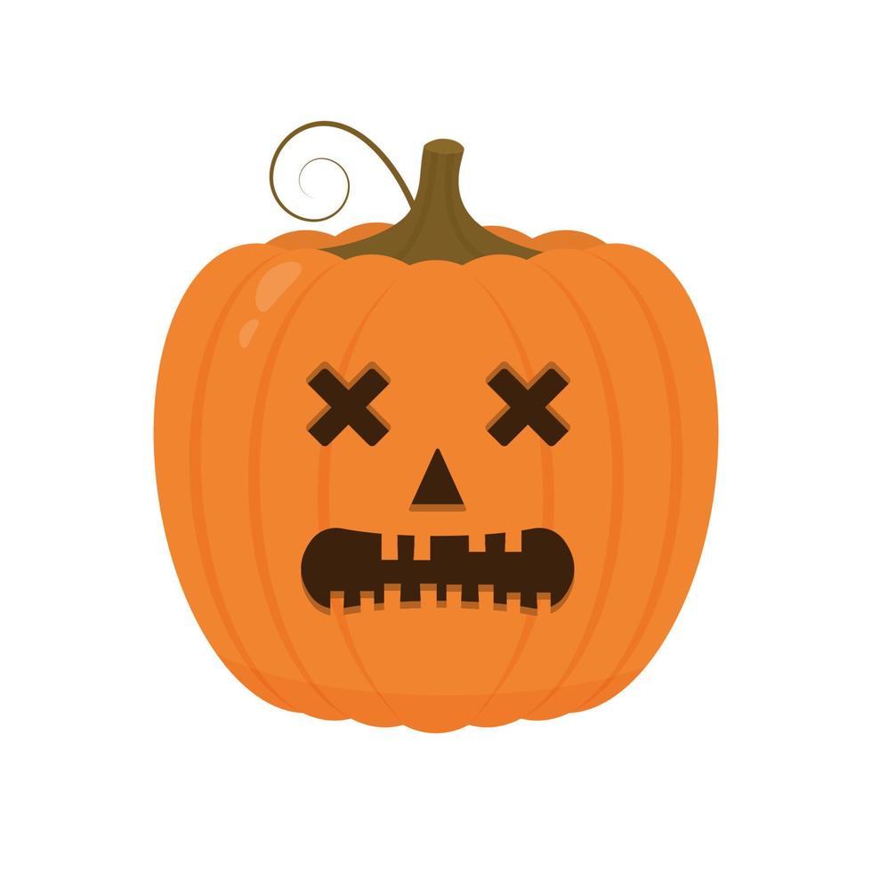 Halloween Pumpkin with spooky face icon isolated on white. Cute cartoon Jack-o'-Lantern. Halloween party decorations. Easy to edit vector template