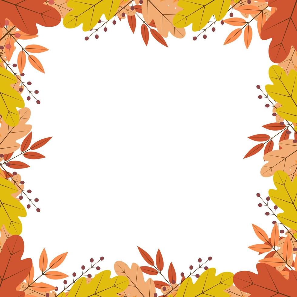 Border of colorful autumn leaves and berries. Fall theme vector illustration. Thanksgiving day greeting card or invitation.