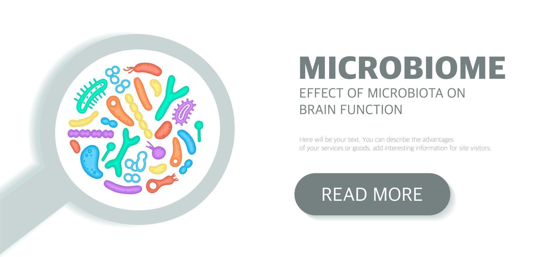 Microbiome website landing page template, newsletter, advertising, label, presentation. Vector background with bacteria.
