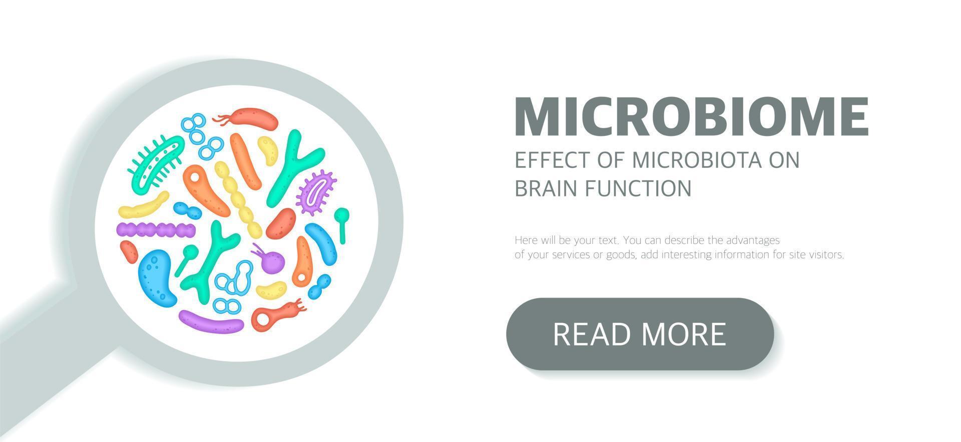 plantilla de página de destino del sitio web de microbioma, boletín informativo, publicidad, etiqueta, presentación. fondo vectorial con bacterias. vector