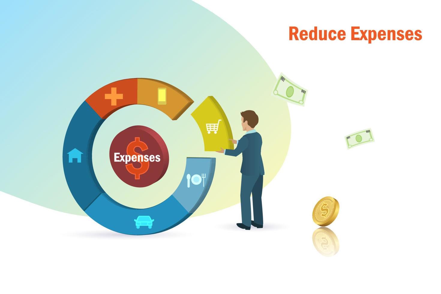 reducir gastos, concepto de costo de vida. el empresario eliminó los gastos innecesarios del gráfico circular para reducir el pago de costos. vector