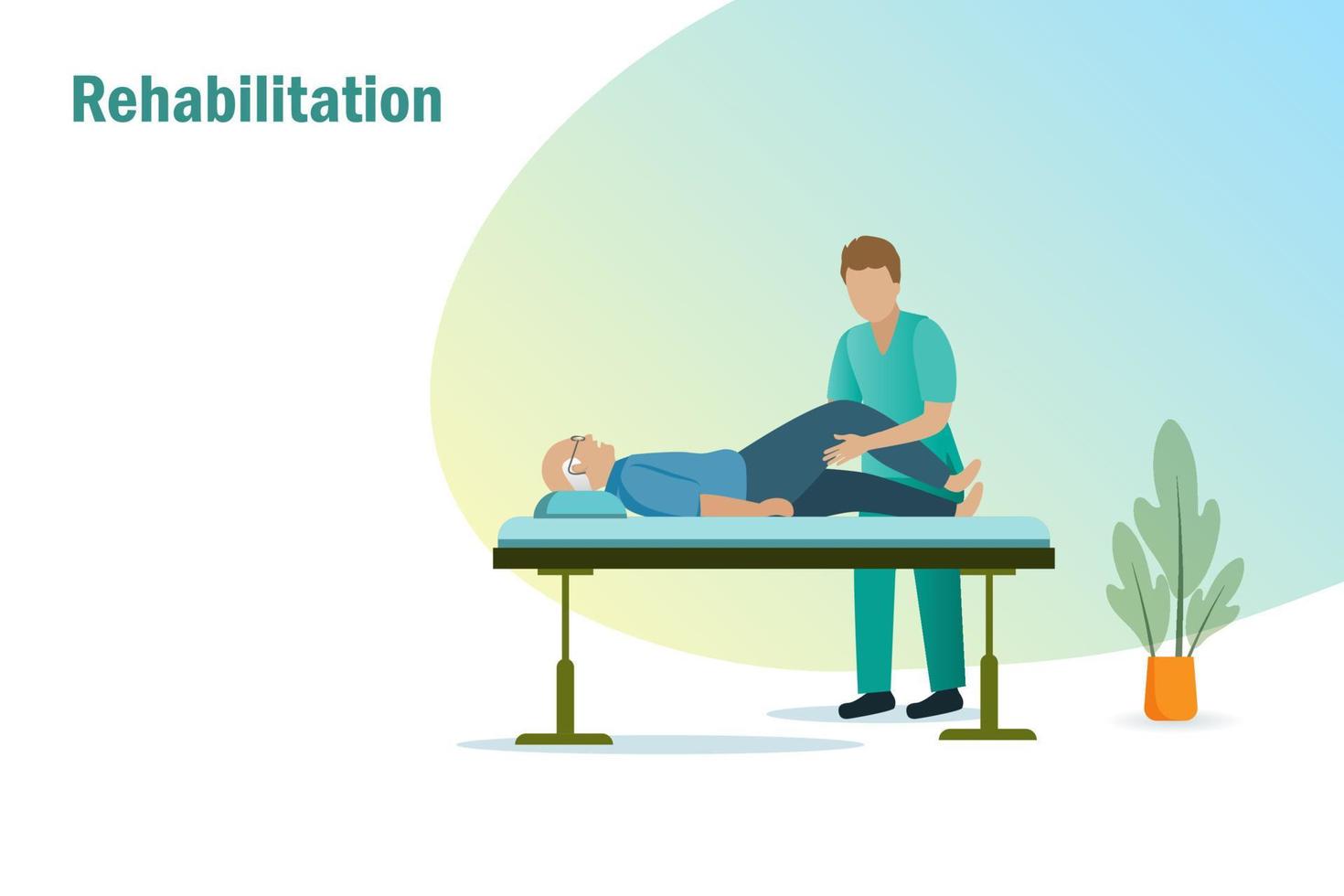 Rehab therapy for senior. Physiotherapist, rehabilitation doctor diagnosis elderly man leg on bed. Rehabilitation, physiotherapy and medical healthcare, recovery from trauma or injury. vector