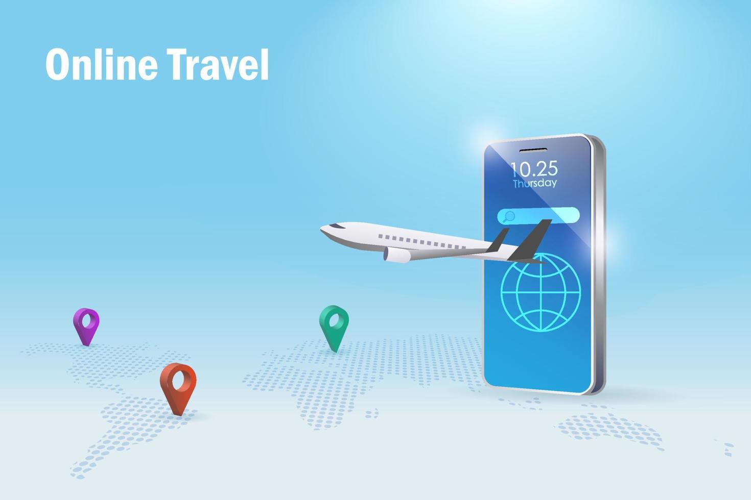 Online travel, online booking concept. Airplane flying from smartphone app with pin point on world map. Reservation flight ticket, traveling by airplane to explore world. vector