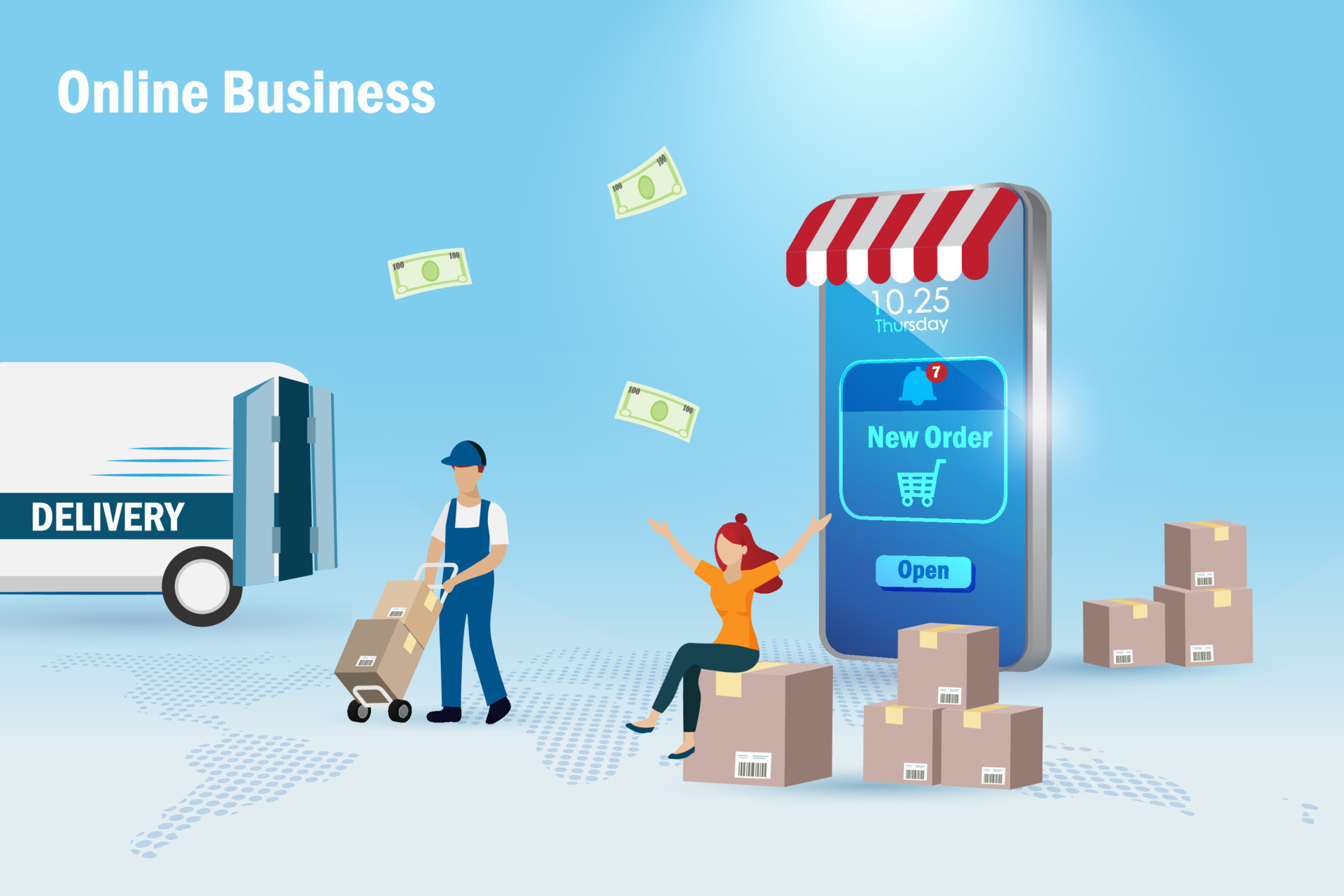 Online shopping small business, e commerce with logistic transport. Woman owner making money