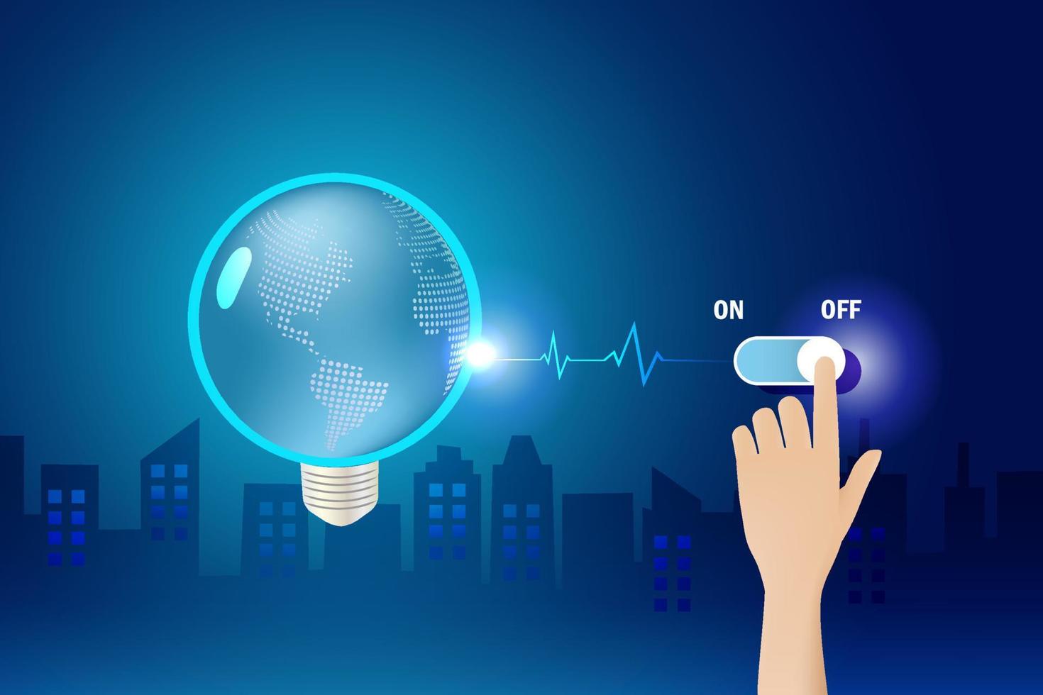 Energy crisis, earth hour concept. Hand switch off globe lightbulb to save energy. World environment day, earth day, sustainable environment. vector