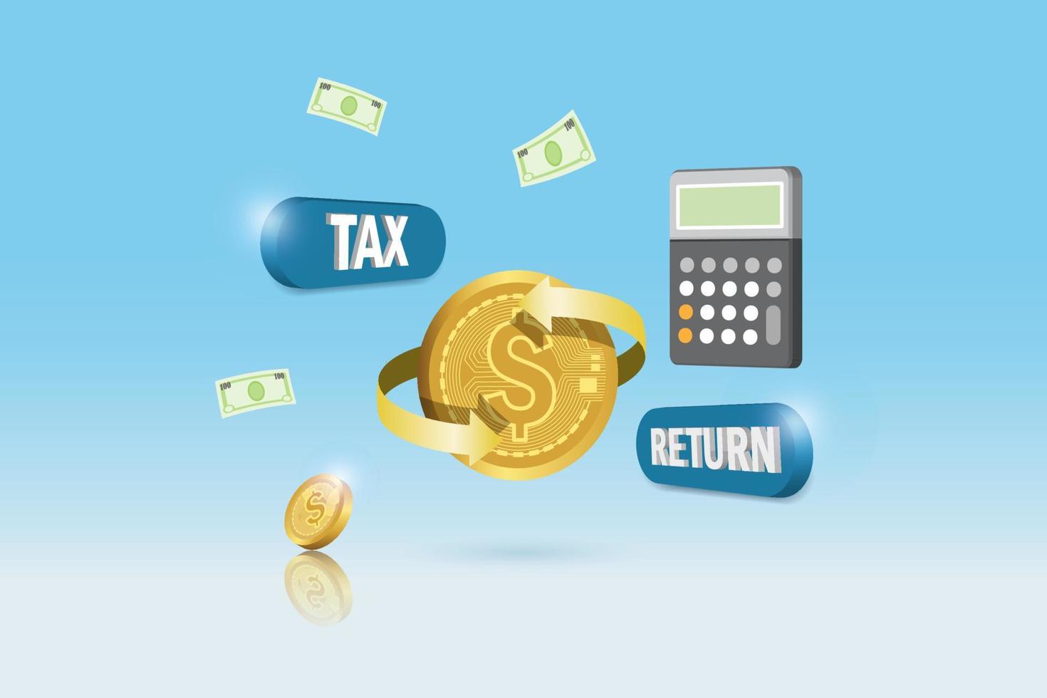 Tax filing and tax return concept. Gold coin tax payment with money return arrow from submitted tax. vector