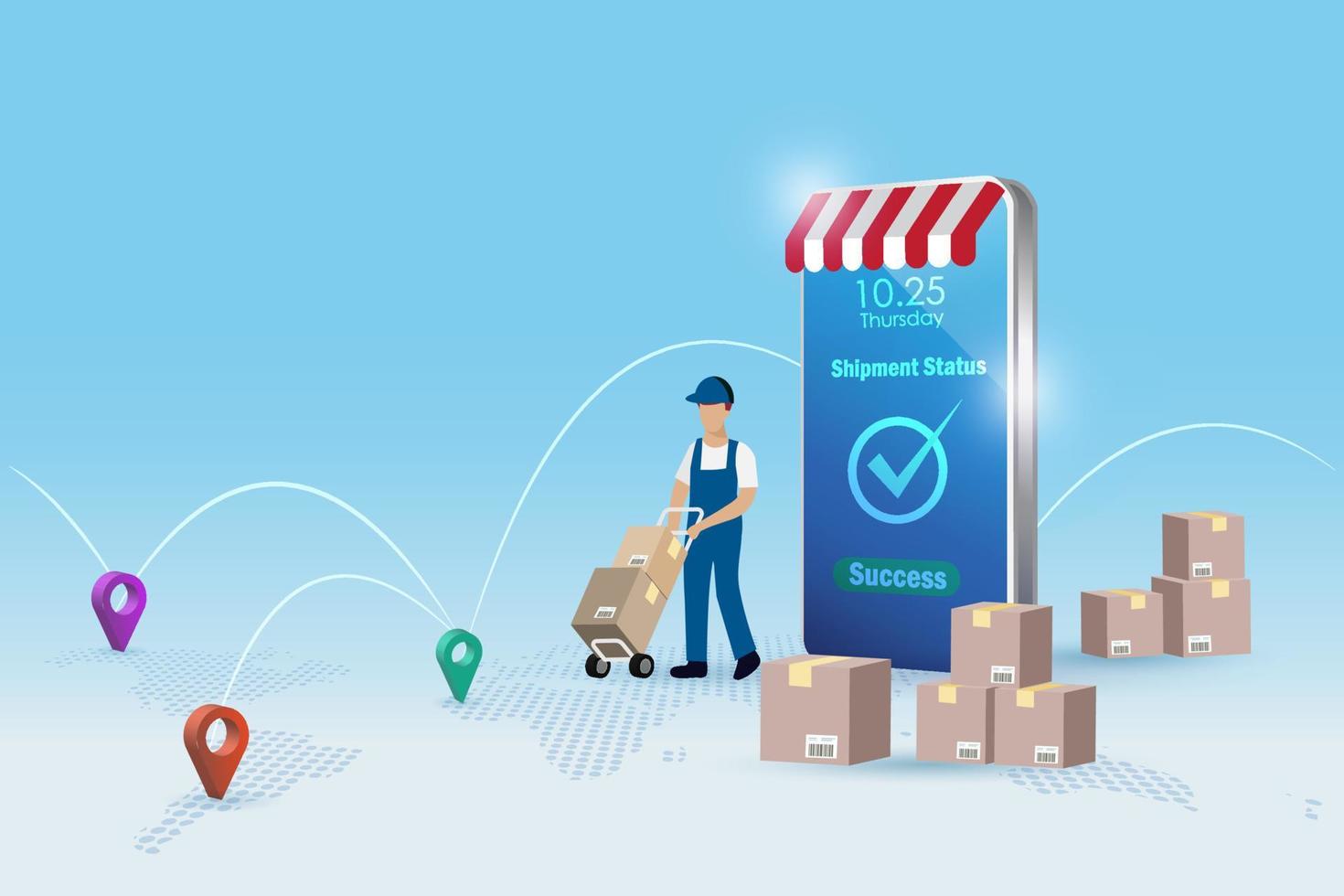 Online delivery, global logistics with smart tracking technology. Delivery man arrange carton shipments with pinpoints on world map. vector