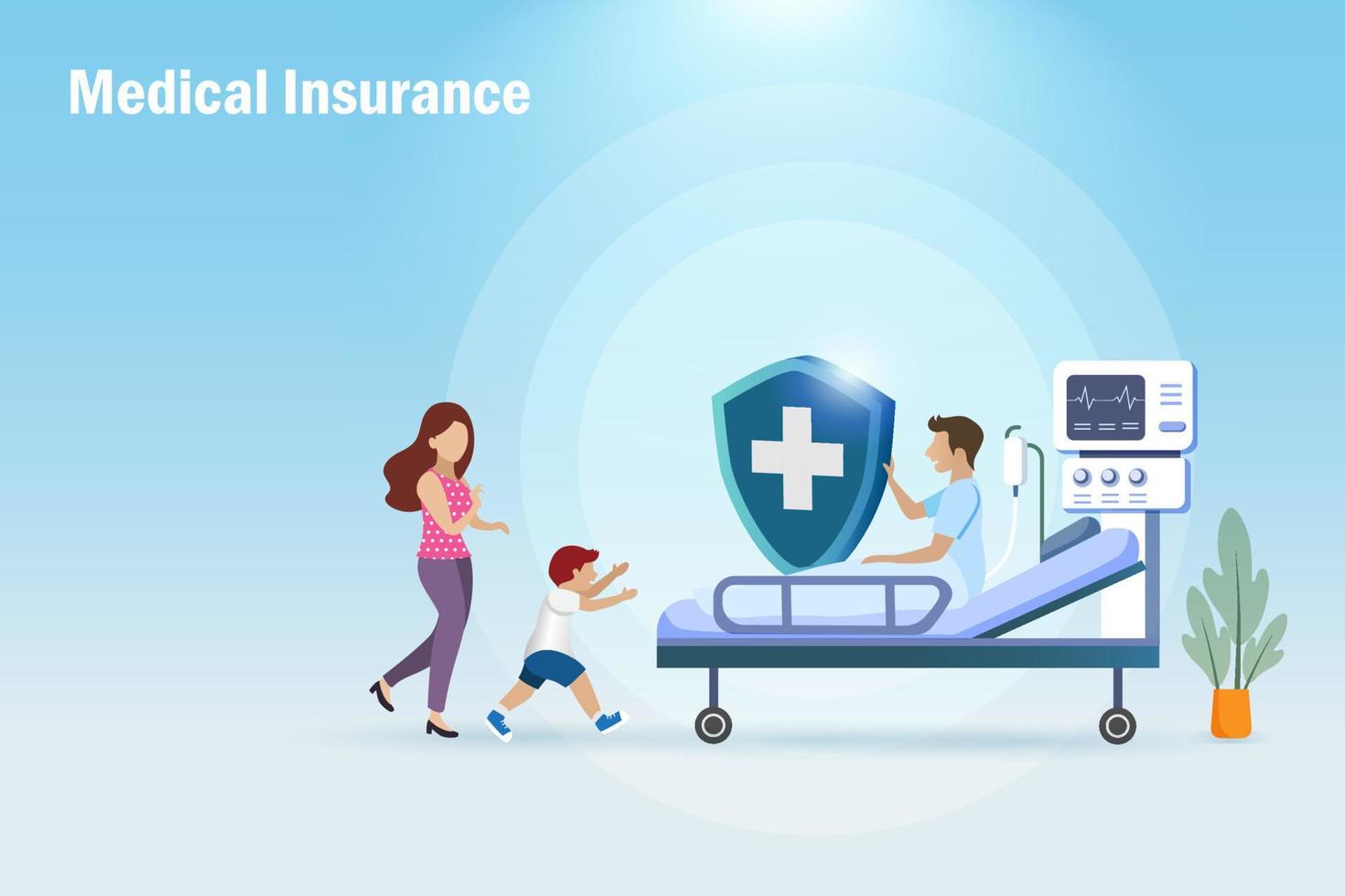 Medical and health insurance protection. Happy family in hospital bed with medical insurance shield to support medical surgery expenses and hospital bill. vector