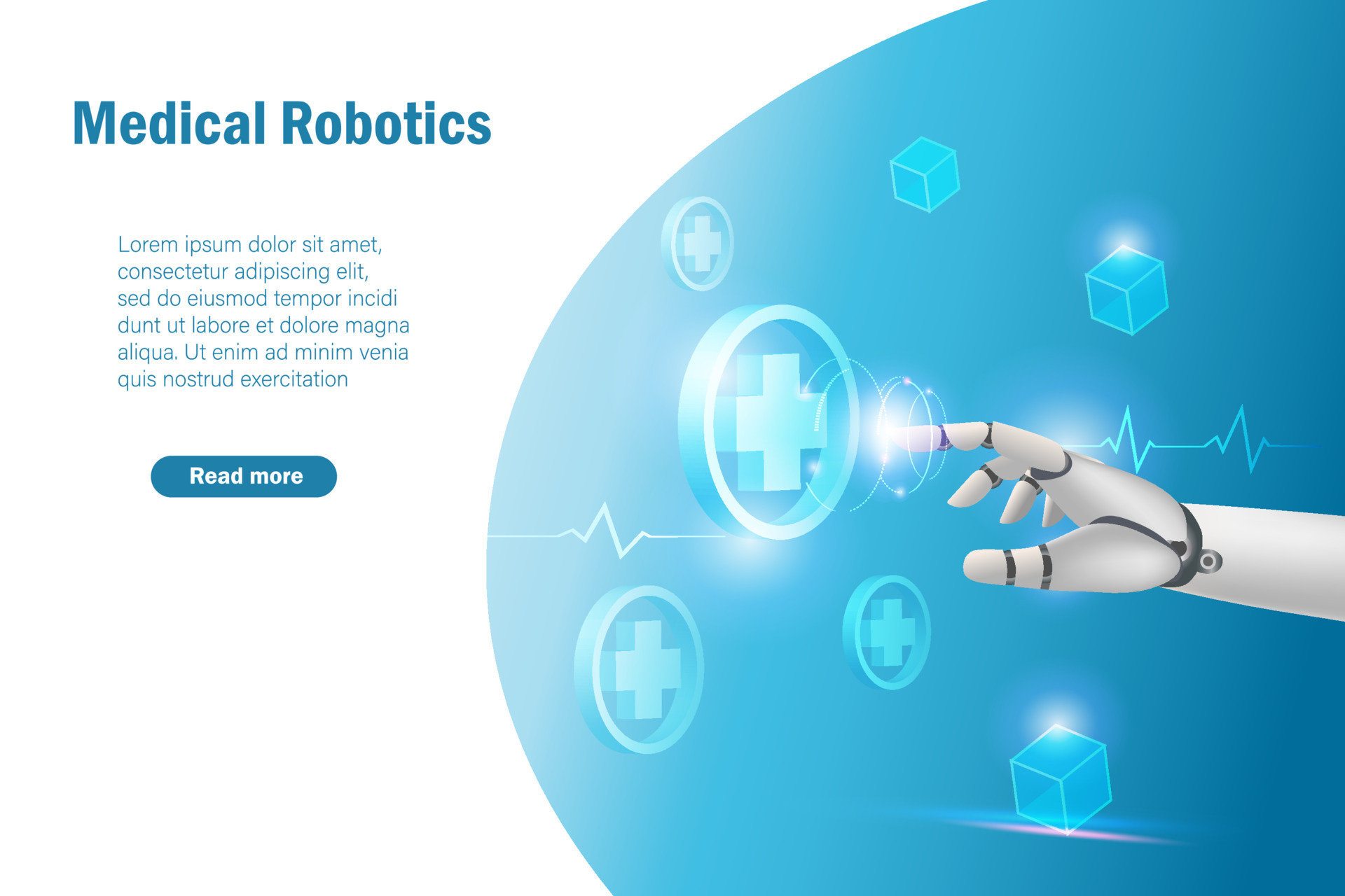 Medical robotics technology. Robot hand touching medical network