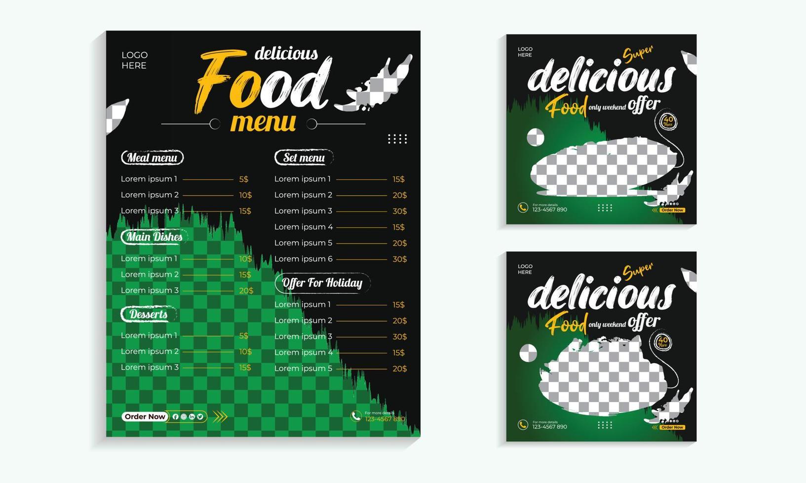 publicación de comida en redes sociales y plantilla especial de menú de comida vector