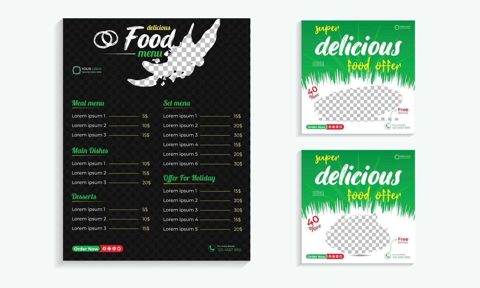 publicación de comida en redes sociales y plantilla especial de menú de comida vector