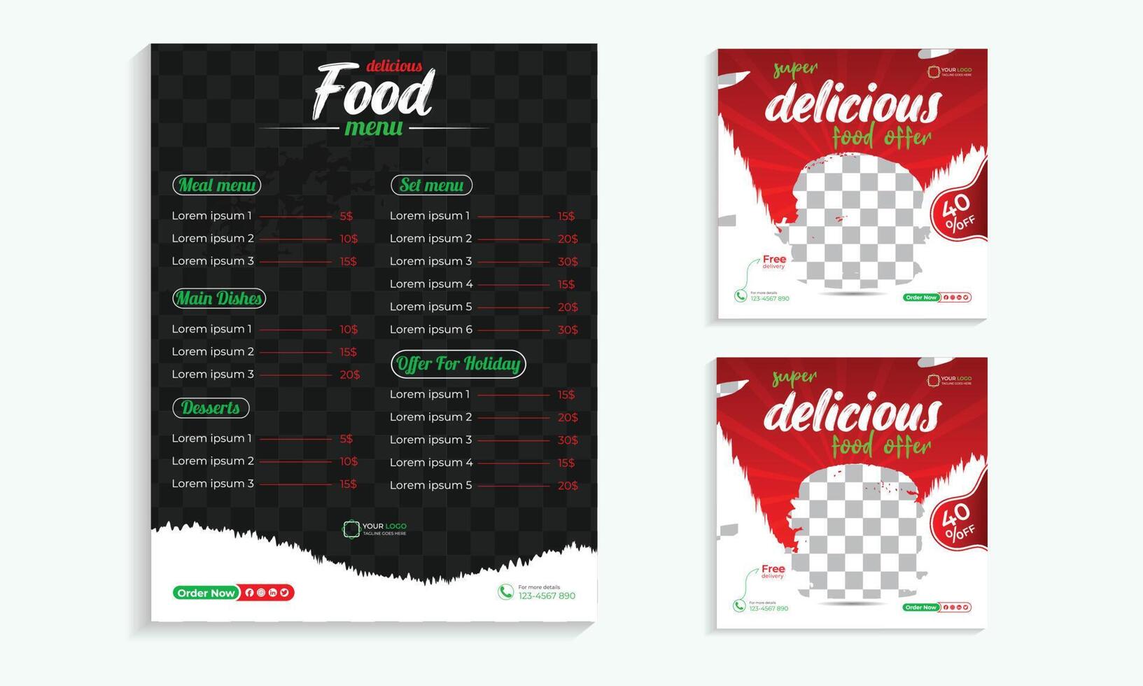 publicación de comida en redes sociales y plantilla especial de menú de comida vector