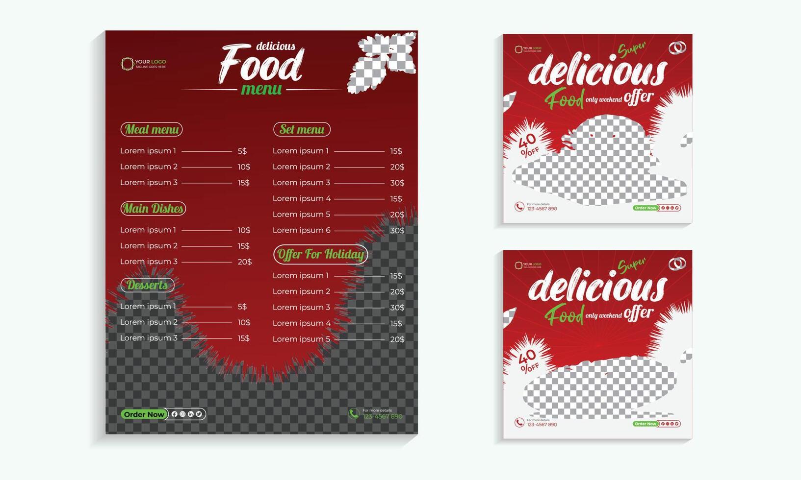 publicación de comida en redes sociales y plantilla especial de menú de comida vector