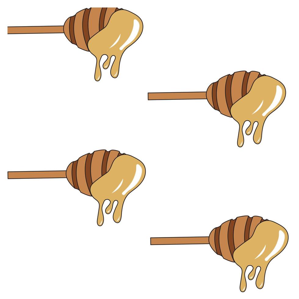 Honey spoon with dripping drops of honey in cartoon style. Seamless pattern. Vector illustration isolated on white background.