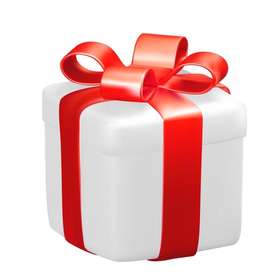 Realistic 3D White Gift Box with Red Ribbon. Vector Illustration