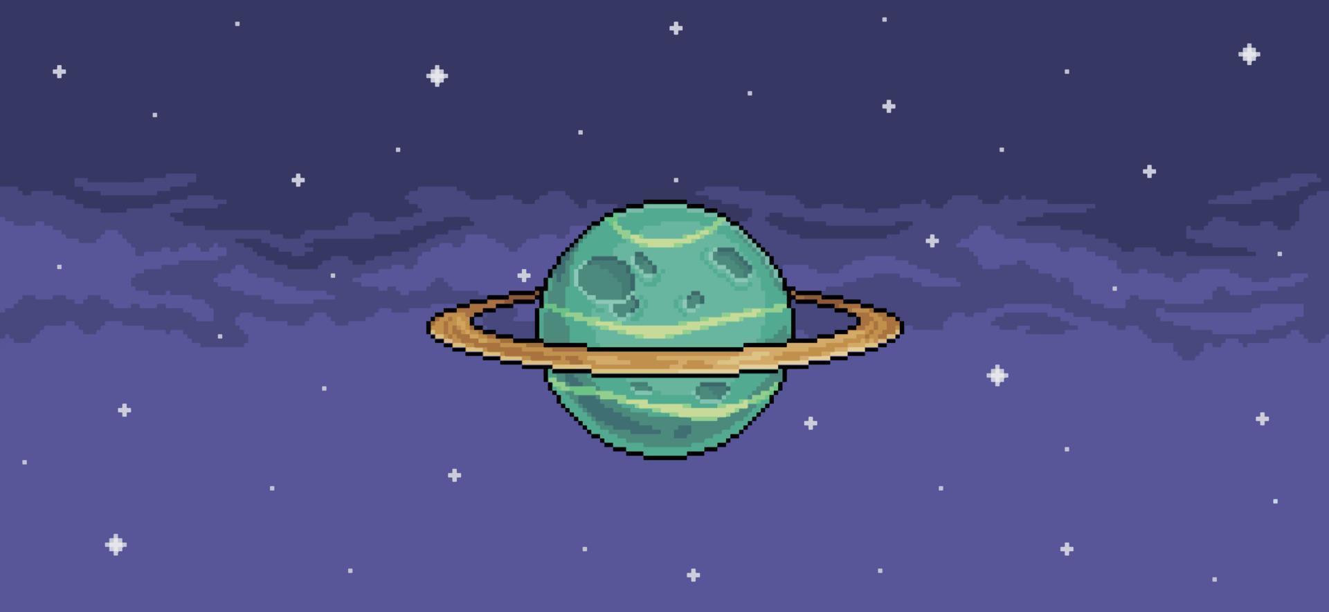 Pixel art background of planet with rings in space. Vector scene for 8bit game