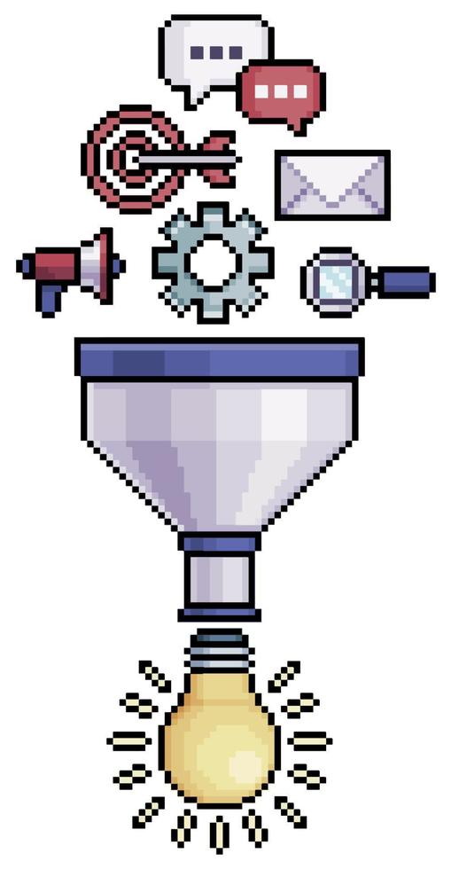 Pixel art ideas funnel, sales marketing funnel vector icon for 8bit game on white background