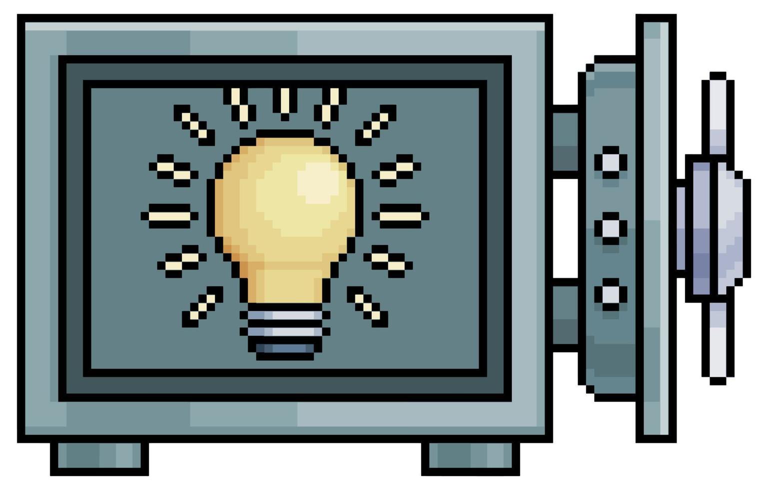 Pixel art safe box with lamp, saved idea vault vector icon for 8bit game on white background