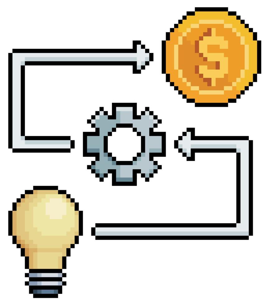Pixel art business diagram with light bulb, gear and money vector icon for 8bit game on white background